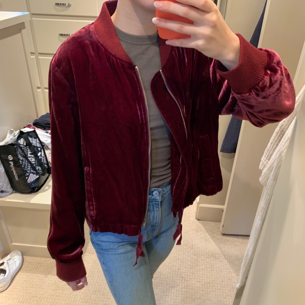J Crew Burgundy velvet bomber jacket